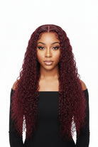 African American woman wearing a 99J burgundy water wave lace front wig with natural middle part