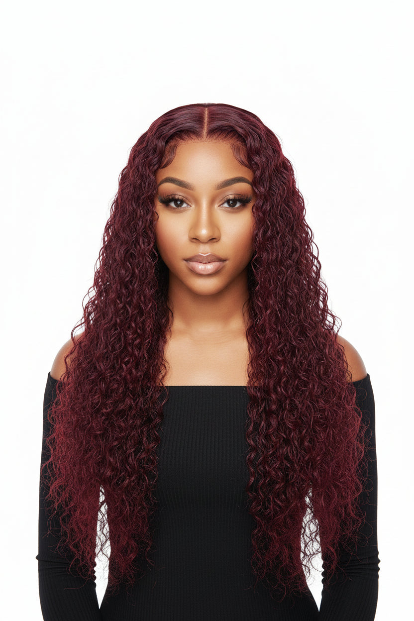 African American woman wearing a 99J burgundy water wave lace front wig with natural middle part
