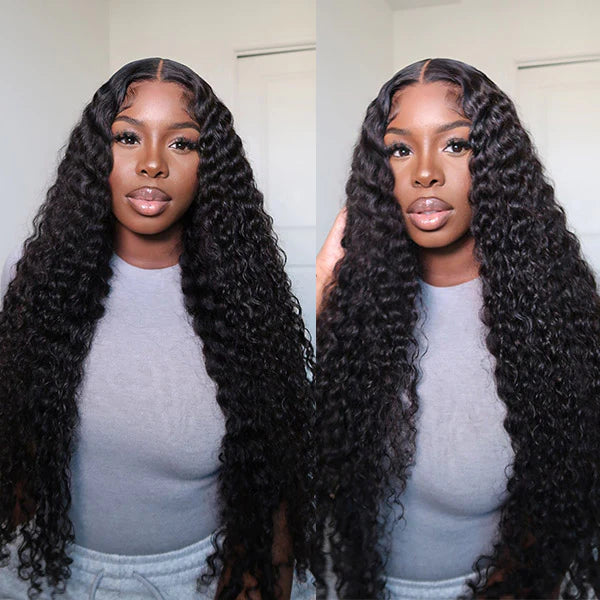 Two images of a person with long, wavy hair styled differently.