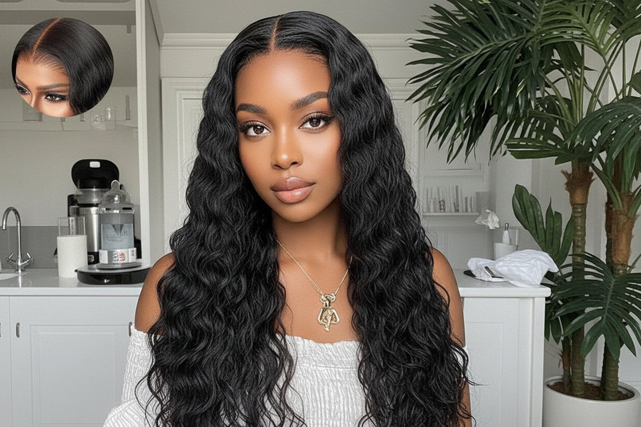Side view of water wave lace wig showing natural hairline with soft texture and natural finish