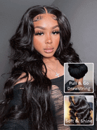 Side view of natural black body wave lace wig showing natural hairline