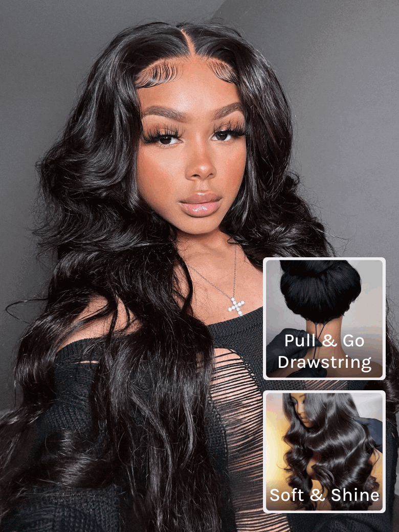 Side view of natural black body wave lace wig showing natural hairline