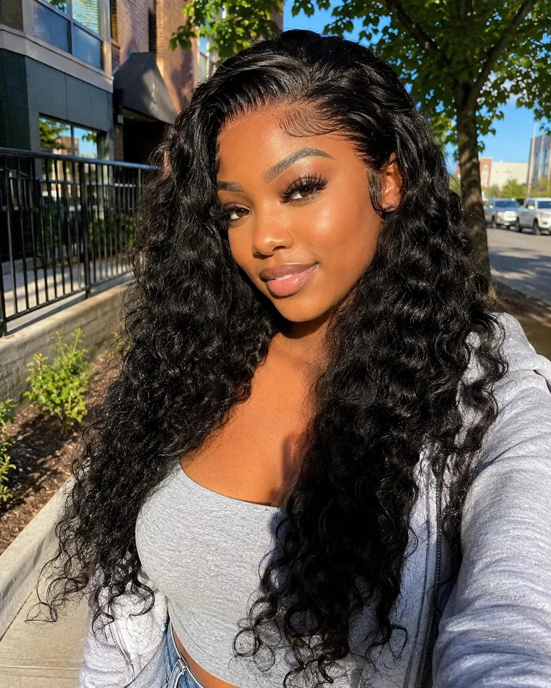 Back view of deep wave human hair wig with natural volume with soft texture and natural finish