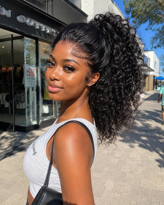 Front view of jerry curly human hair wig on model with soft texture and natural finish