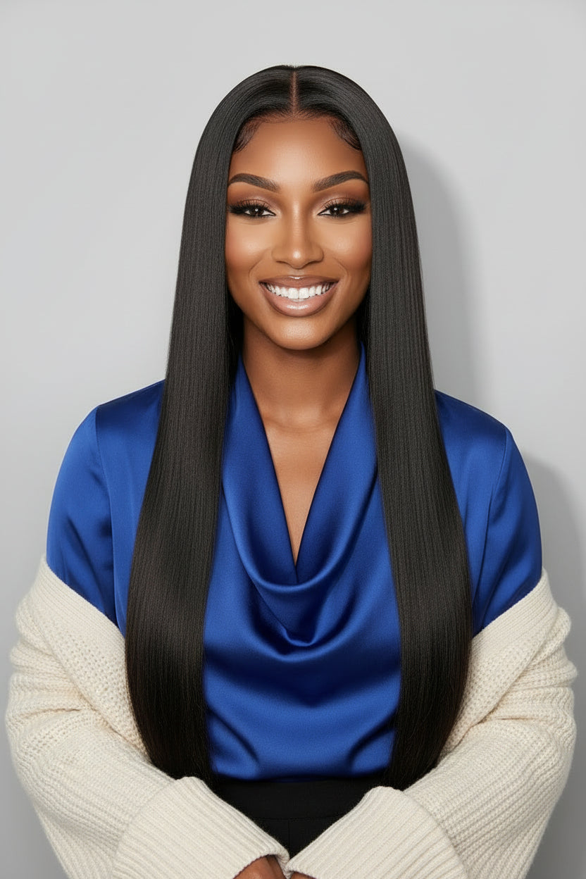 Woman with long straight black hair against a gray background