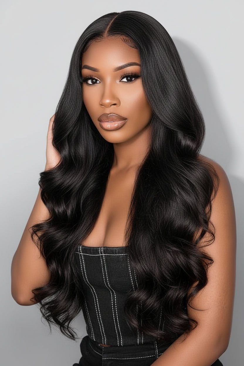 Woman with long straight black hair against a gray background