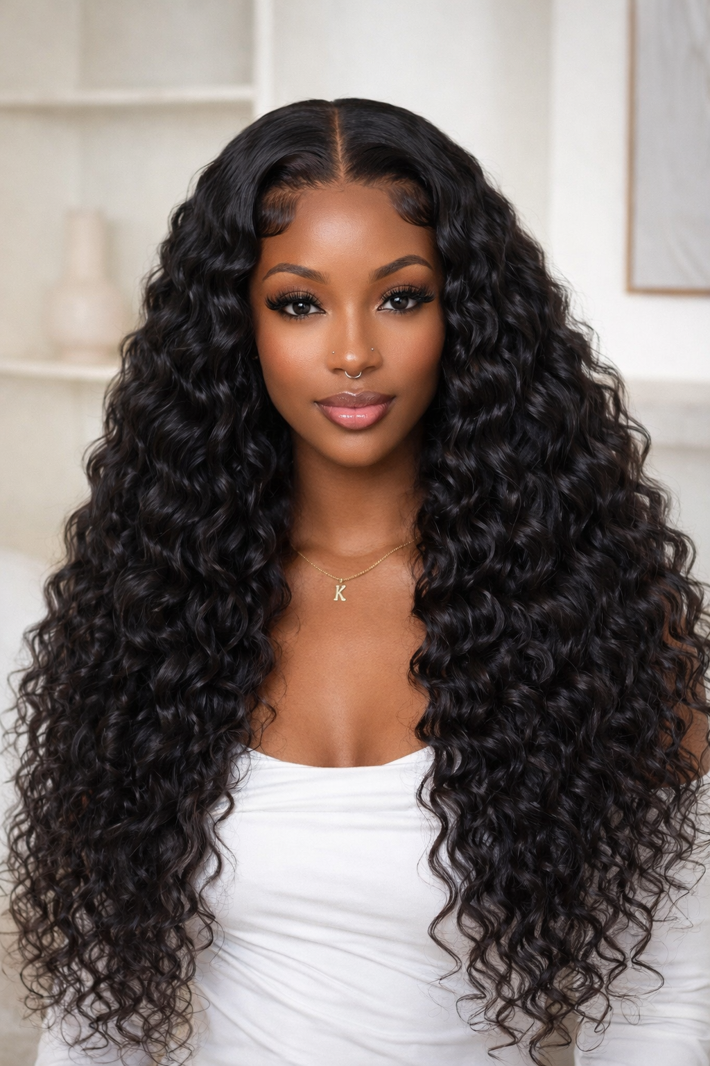 Side view of water wave lace wig showing natural hairline with soft texture and natural finish