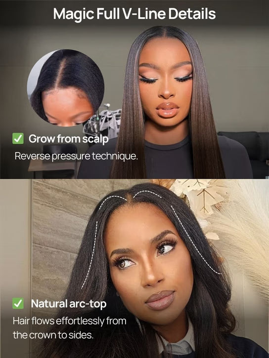 Close-up view of yaki straight hair texture with soft natural finish with soft texture and natural finish
