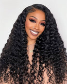 Back view of natural black deep wave human hair wig with natural volume