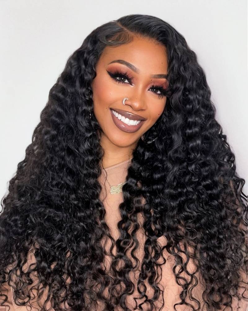 Back view of natural black deep wave human hair wig with natural volume