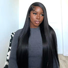 Product detail view of straight human hair wig with soft texture and natural finish