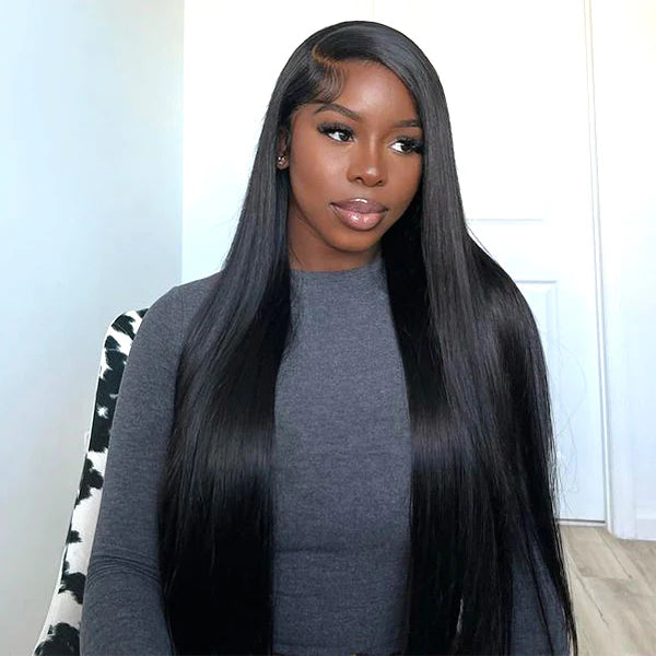 Product detail view of straight human hair wig with soft texture and natural finish