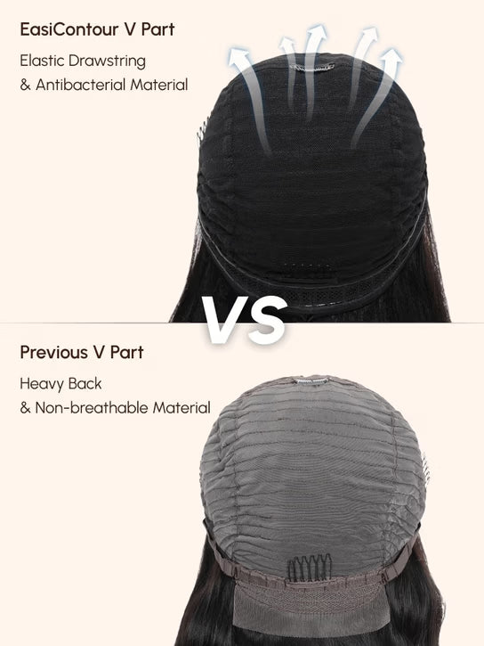 Detail view of glueless wig cap and lace construction with soft texture and natural finish