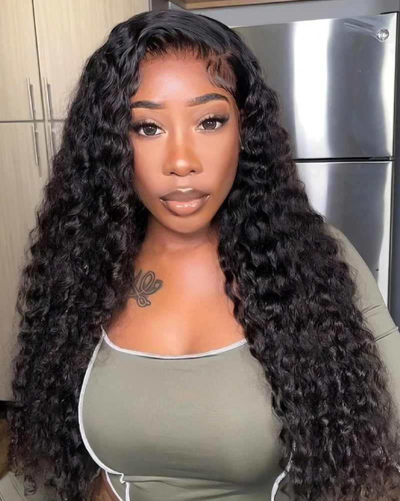 Side view of natural black deep wave lace wig showing natural hairline