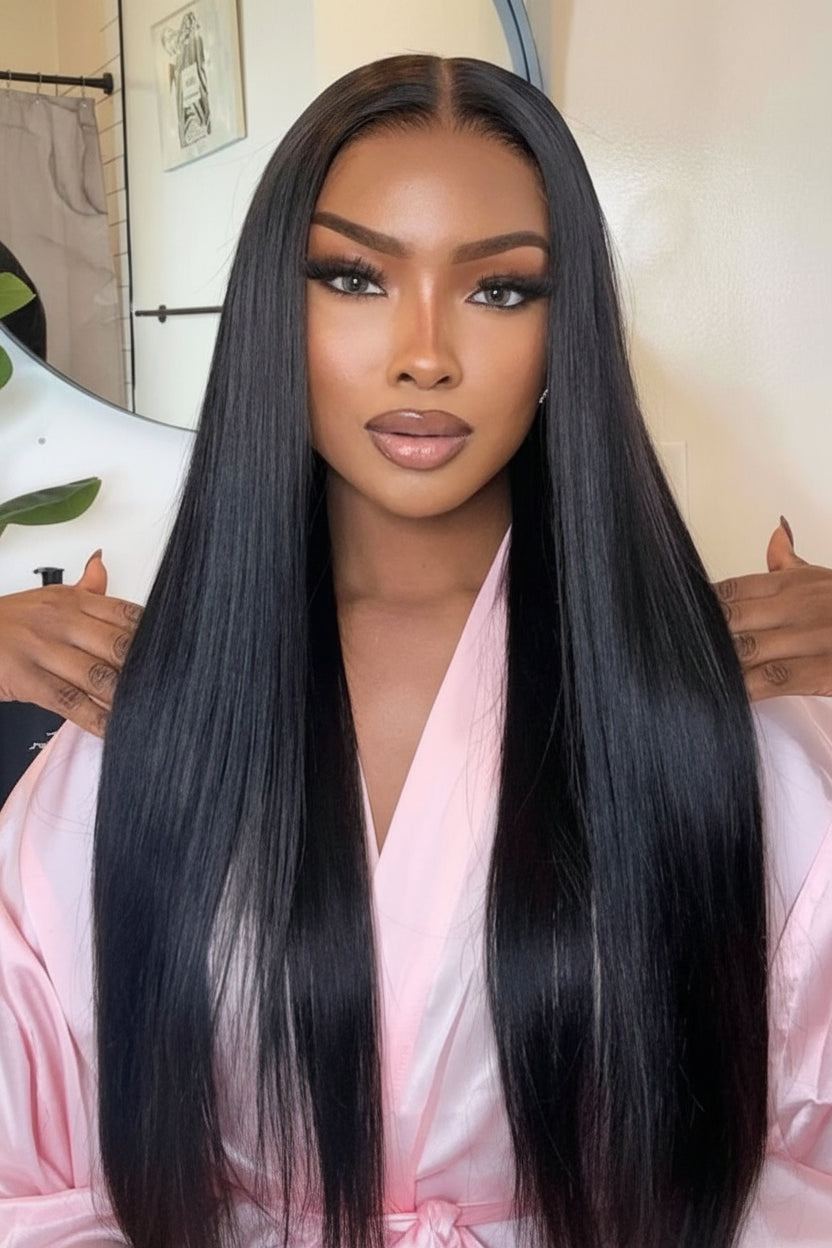 Woman with long straight black hair wearing a pink satin robe.