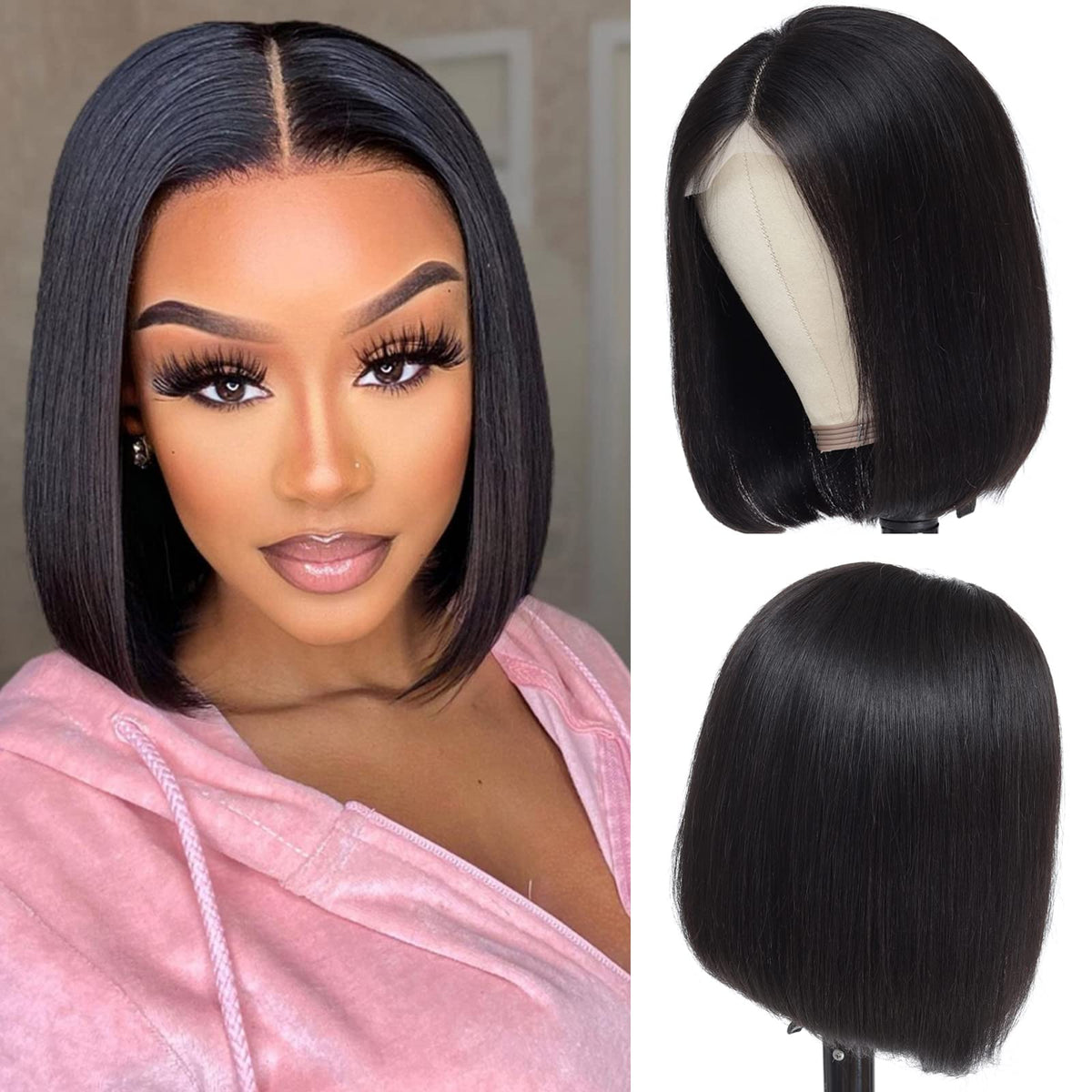 Close-up view of black human hair wig texture and lace detail with soft texture and natural finish