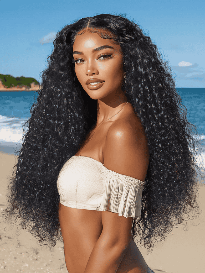 Woman with long, wavy hair on a beach with ocean and sky in the background