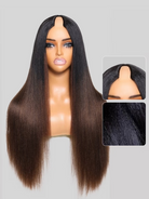 Product detail view of yaki straight human hair wig with soft texture and natural finish