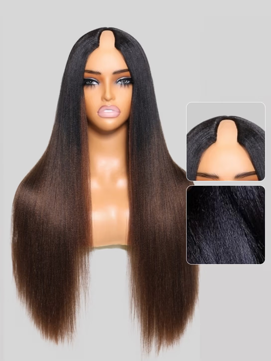 Product detail view of yaki straight human hair wig with soft texture and natural finish