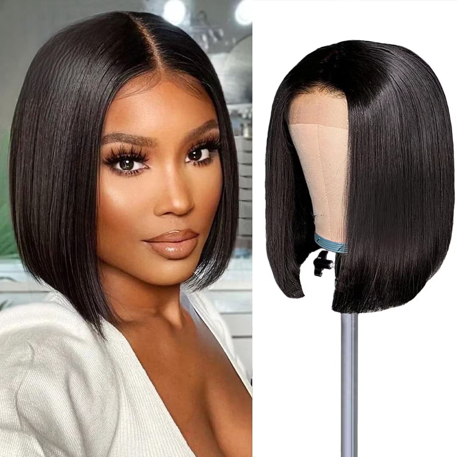 Detail view of glueless wig cap and lace construction with soft texture and natural finish