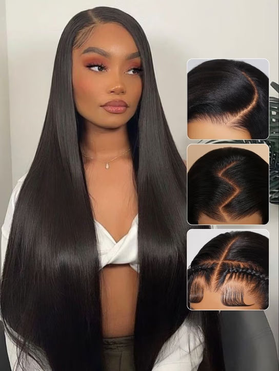 Woman with long straight hair and close-up insets showing hairline and texture.