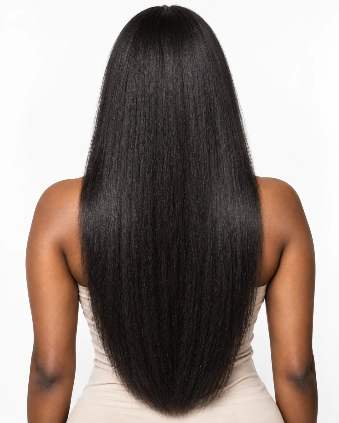 Close-up view of yaki straight human hair wig texture and lace detail with soft texture and natural finish