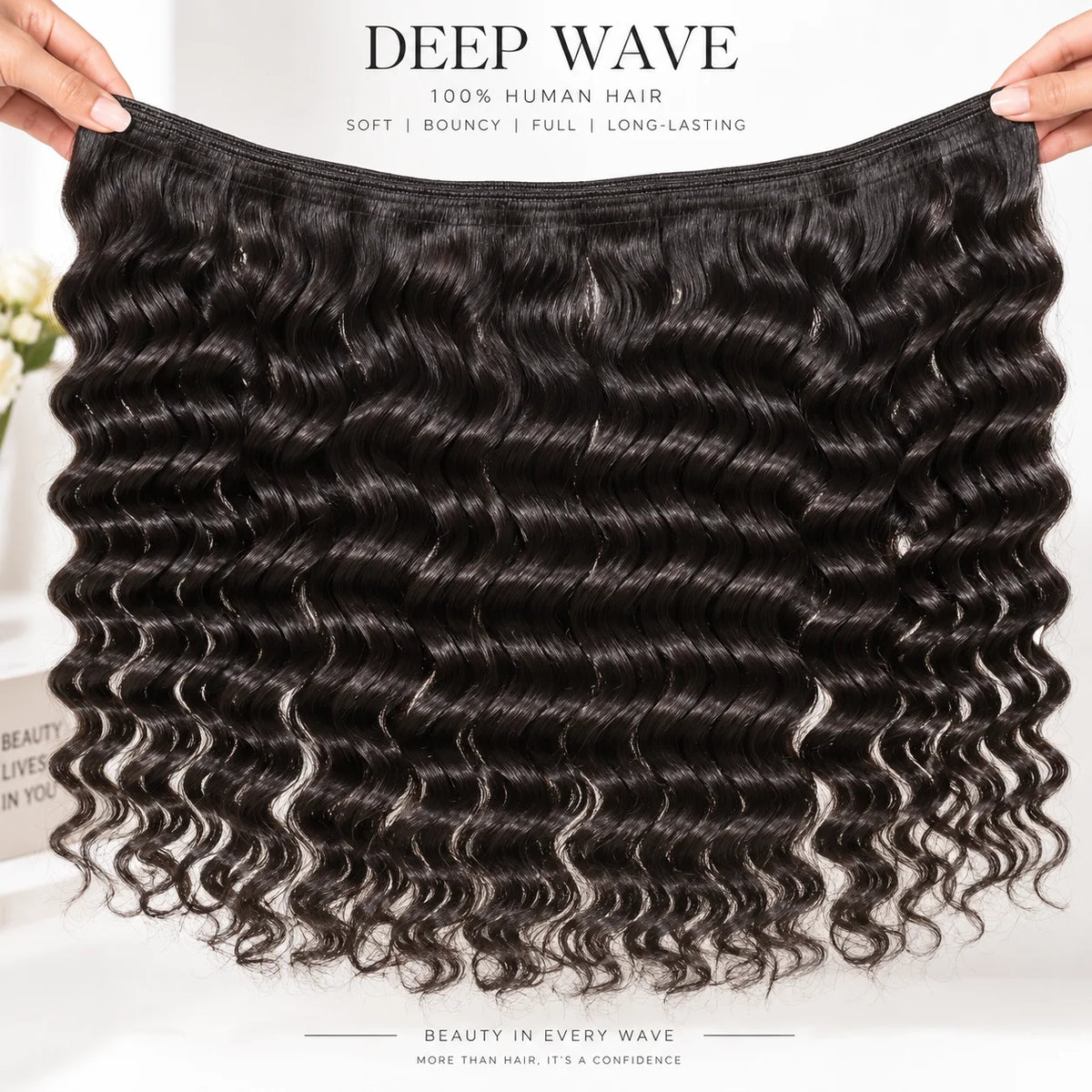 Front view of deep wave human hair wig on model with soft texture and natural finish
