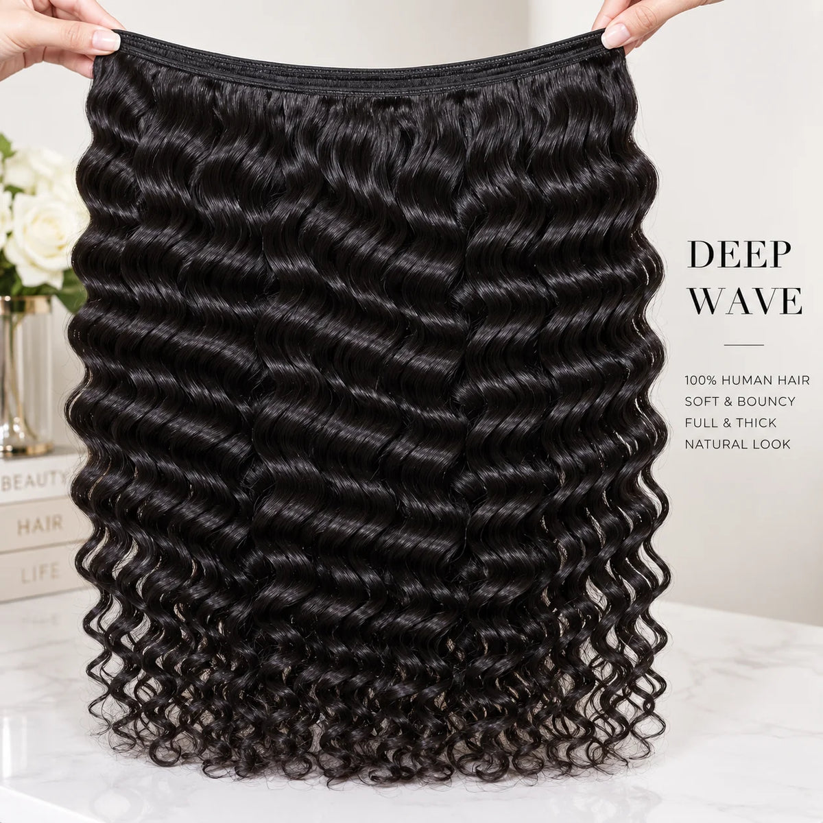 Side view of deep wave lace wig showing natural hairline with soft texture and natural finish