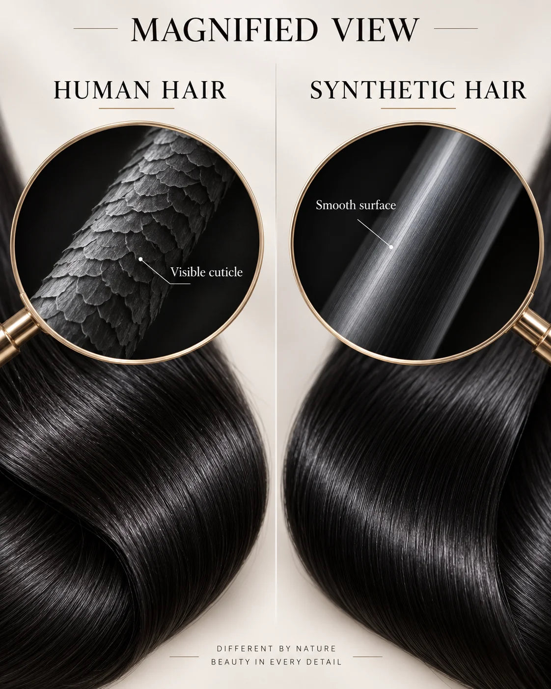 Detail view of realistic lace parting and natural hairline with soft texture and natural finish