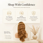 Honey brown body wave wig on a mannequin head with 'Shop With Confidence' text and icons.