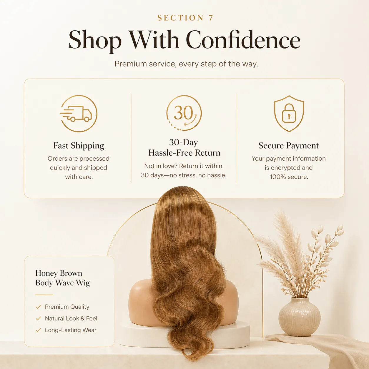 Honey brown body wave wig on a mannequin head with 'Shop With Confidence' text and icons.