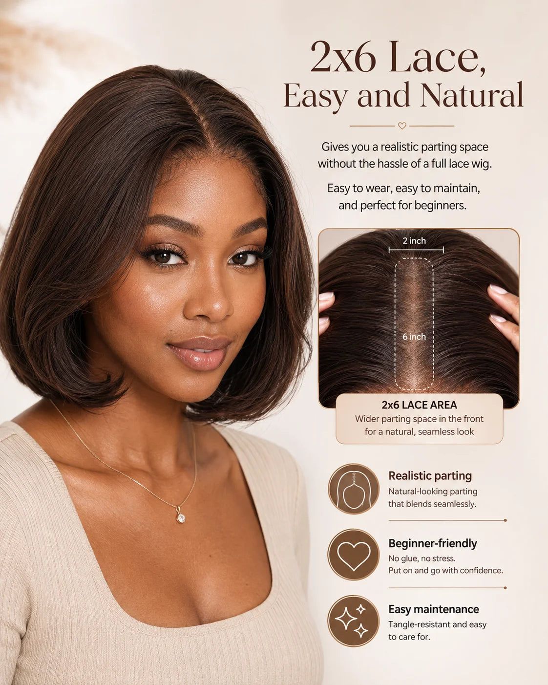 Close-up view of brown straight human hair wig texture and lace detail