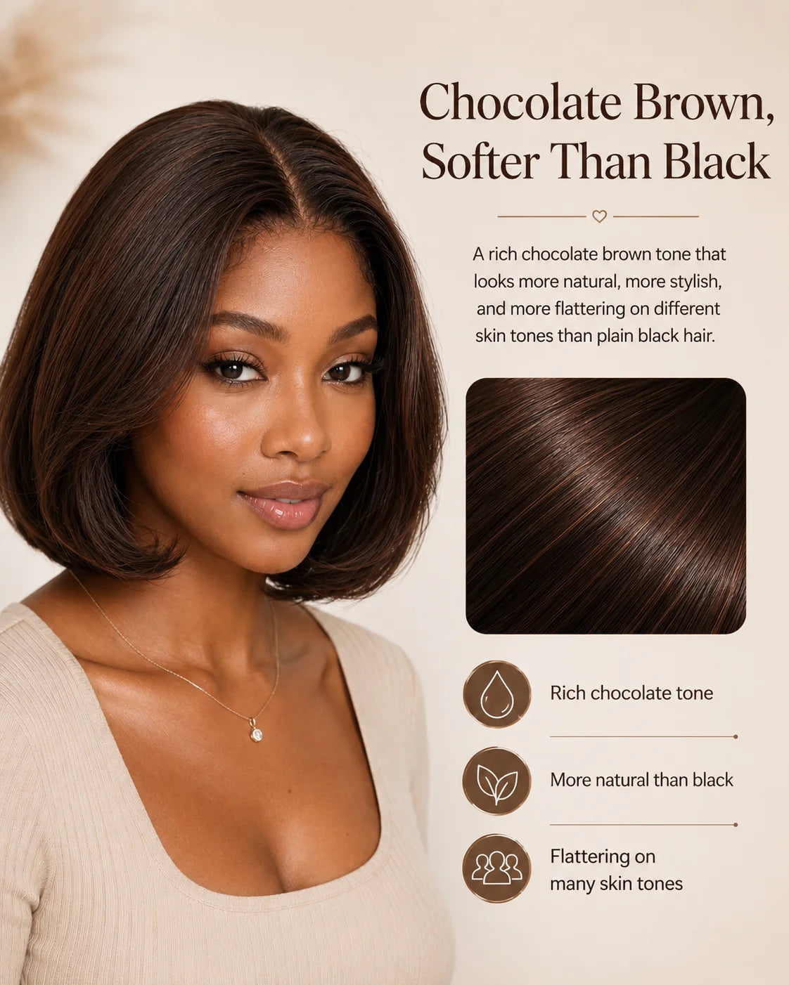 Lifestyle view of model wearing brown straight human hair wig with soft texture and natural finish