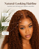 Close-up view of brown kinky curly human hair wig texture and lace detail