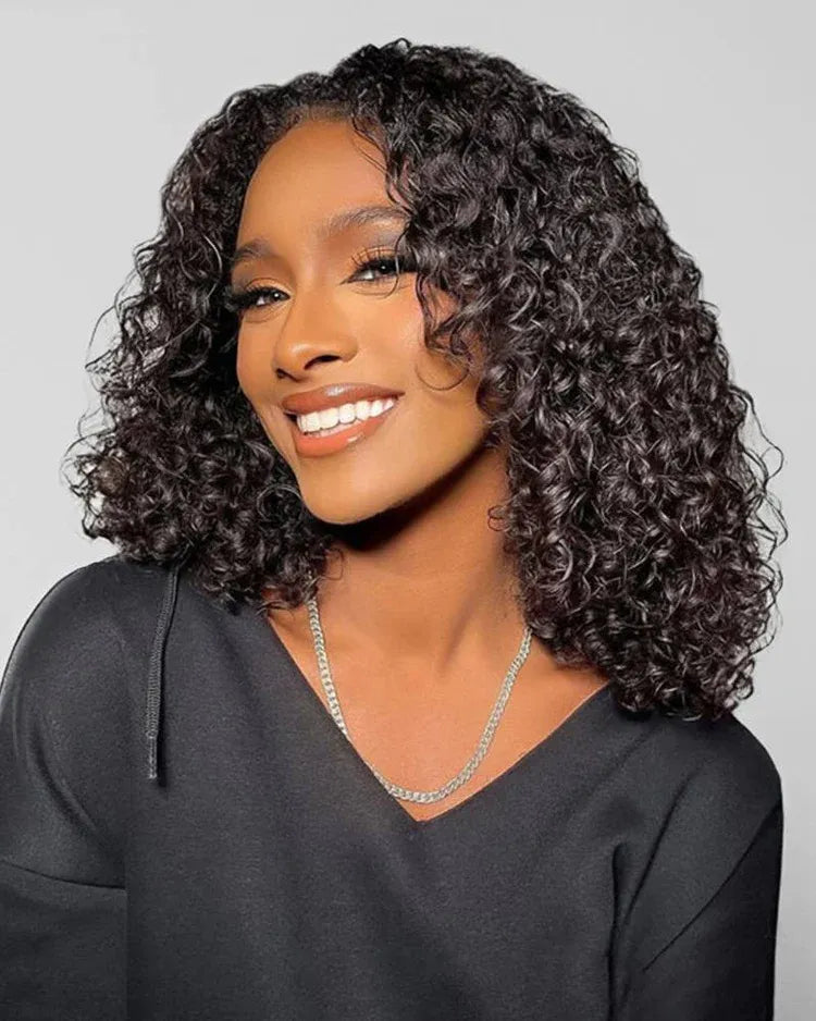 Product detail view of jerry curly human hair wig with soft texture and natural finish