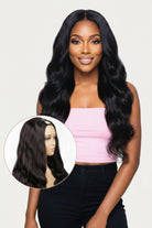 Woman with long black wavy hair wearing a pink top, with a close-up inset of the wig on a mannequin head.