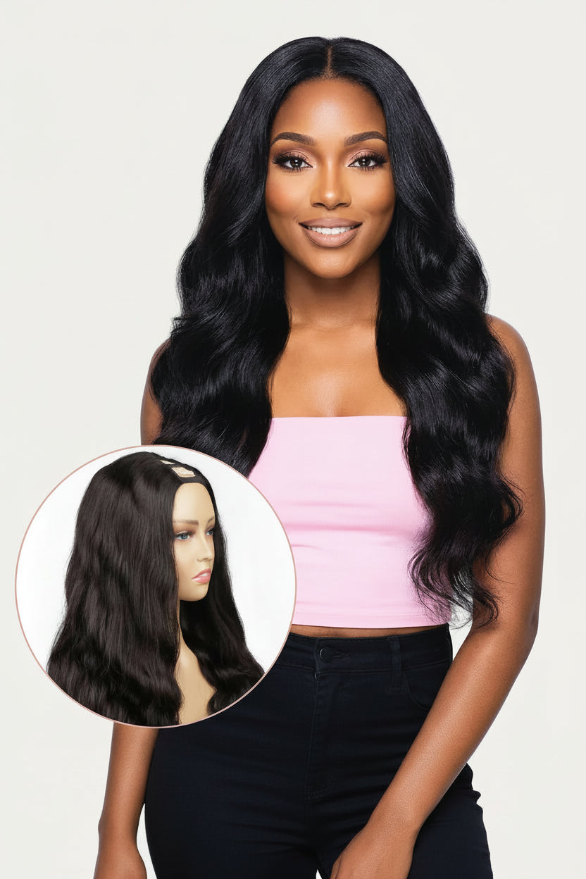 Woman with long black wavy hair wearing a pink top, with a close-up inset of the wig on a mannequin head.