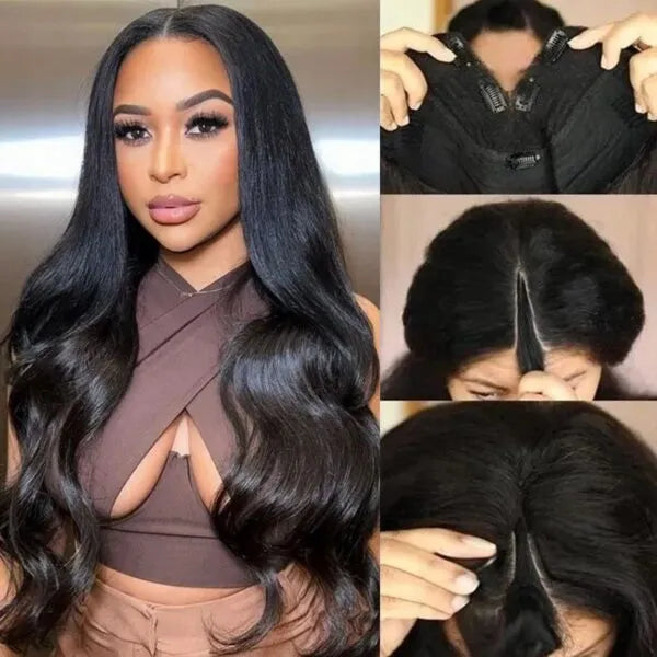 Back view of body wave human hair wig with natural volume with soft texture and natural finish