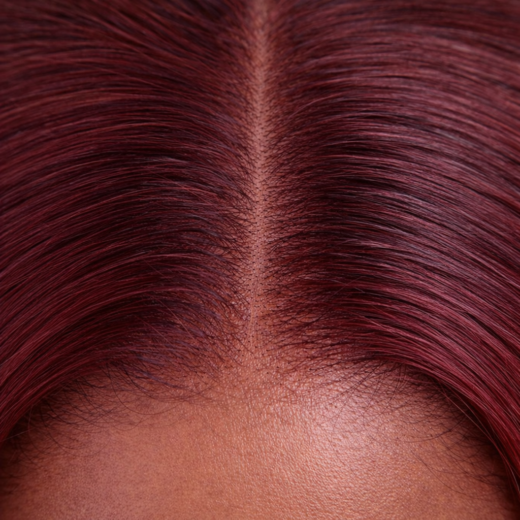 Close-up view of burgundy straight human hair wig texture and lace detail