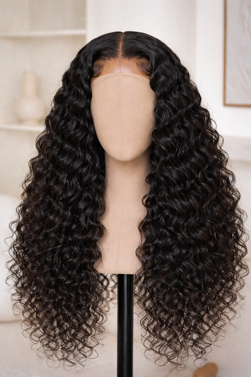 Detail view of glueless wig cap and lace construction with soft texture and natural finish