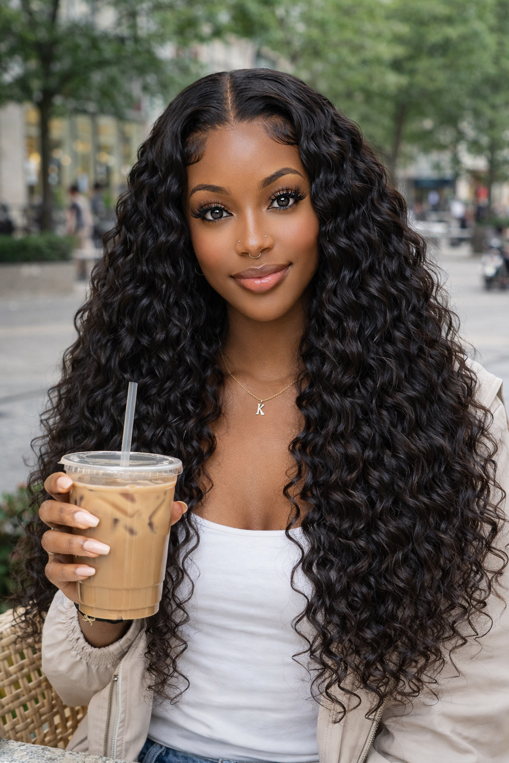 Product detail view of water wave human hair wig with soft texture and natural finish