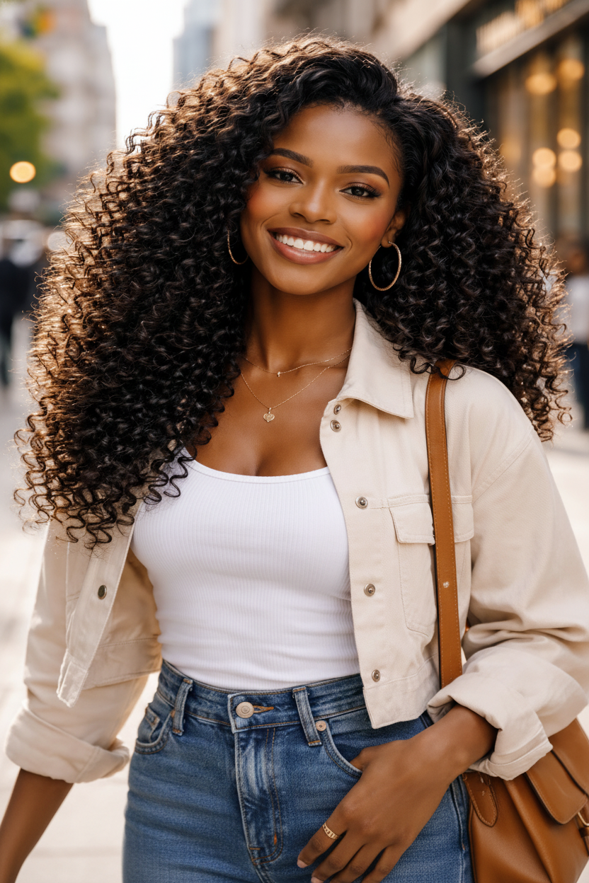 Woman with curly hair wearing a beige jacket, white top, and blue jeans on a city street.