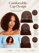 Lifestyle view of model wearing brown kinky curly glueless human hair wig