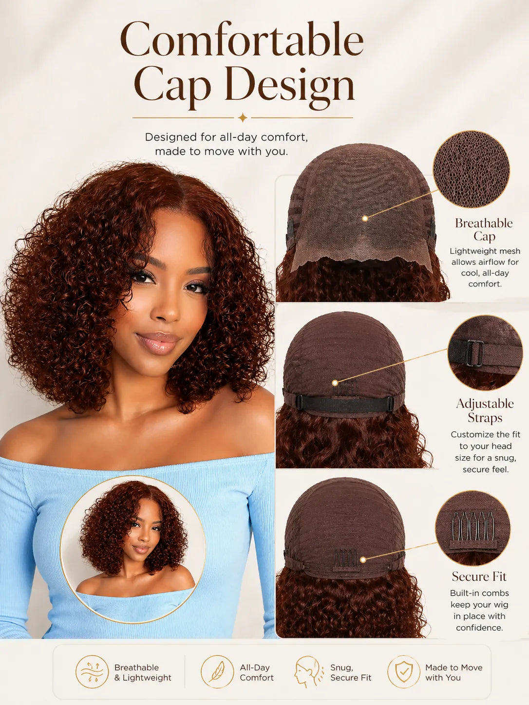 Lifestyle view of model wearing brown kinky curly glueless human hair wig