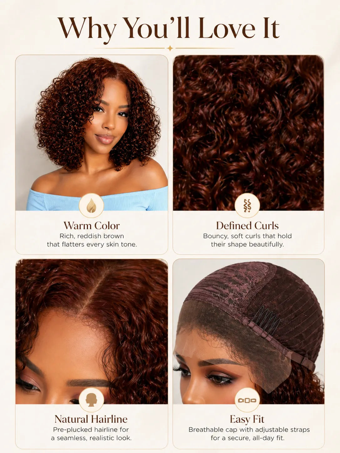 Close-up view of brown kinky curly human hair wig texture and lace detail
