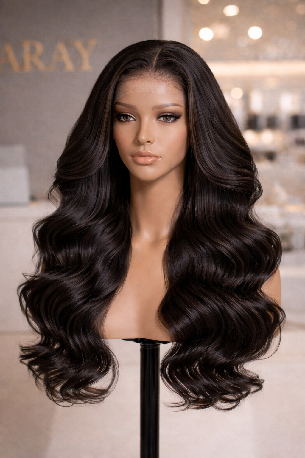 Back view of natural black body wave human hair wig with natural volume