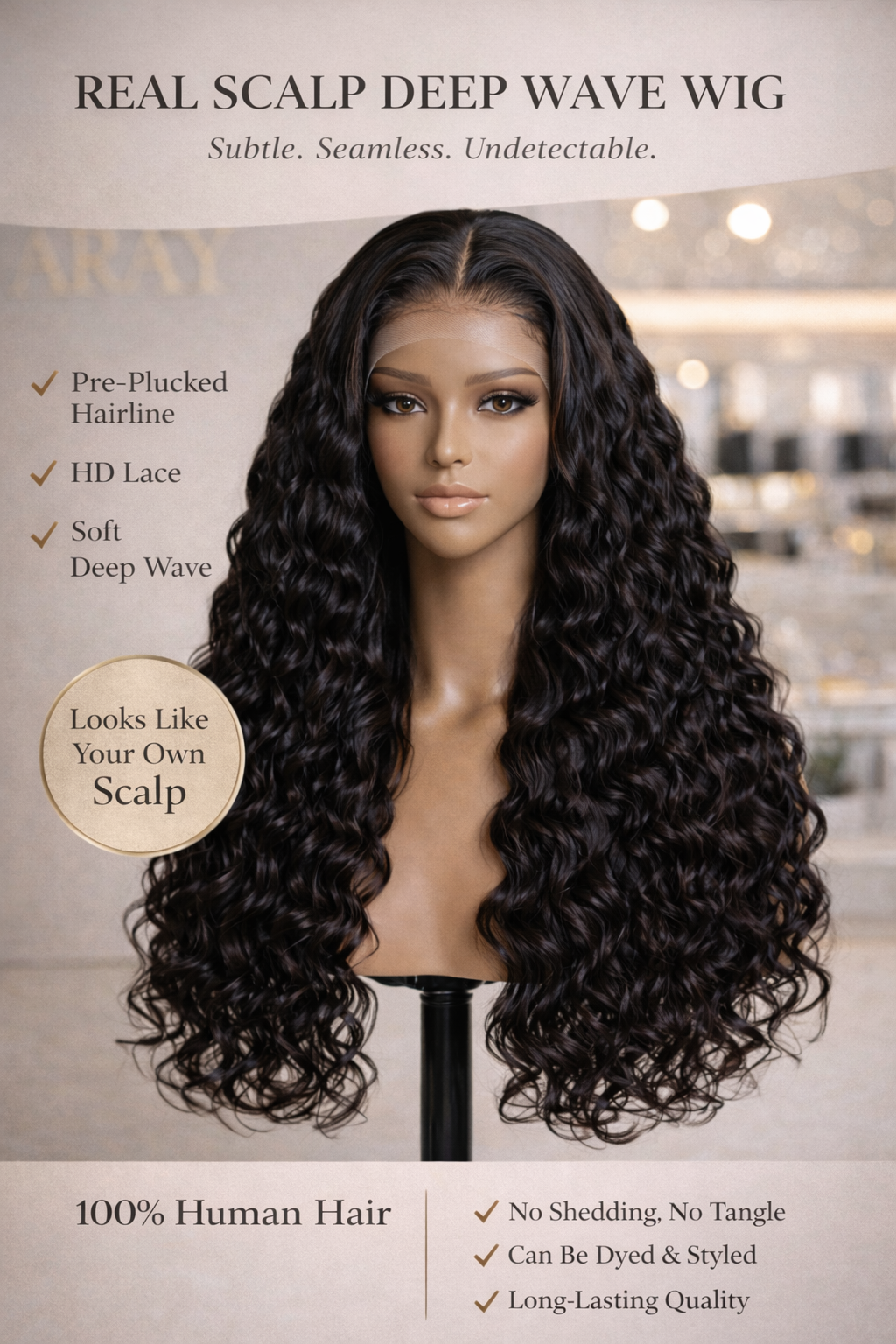 Real scalp deep wave wig on a mannequin head with product features listed.