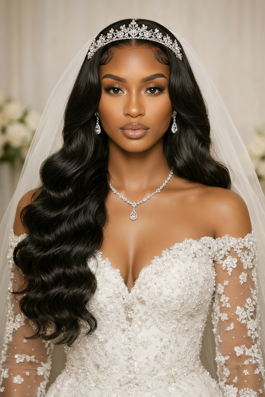 Bride in a white wedding gown with a veil and tiara, standing against a neutral background.