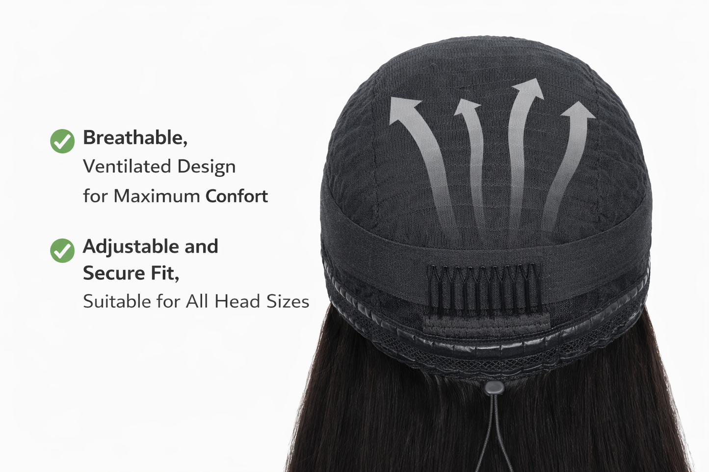 Black hairpiece with adjustable straps and text highlighting features on a white background