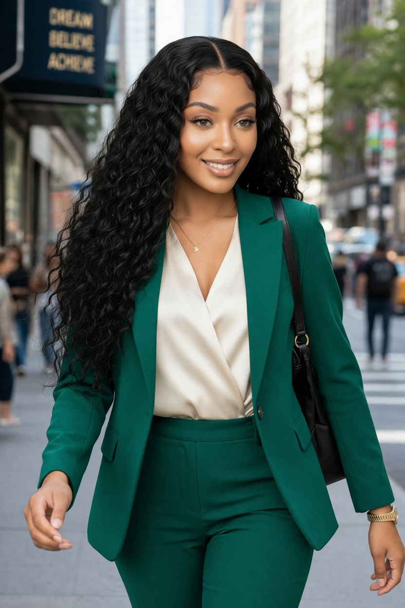 Woman in a green suit walking on a city street